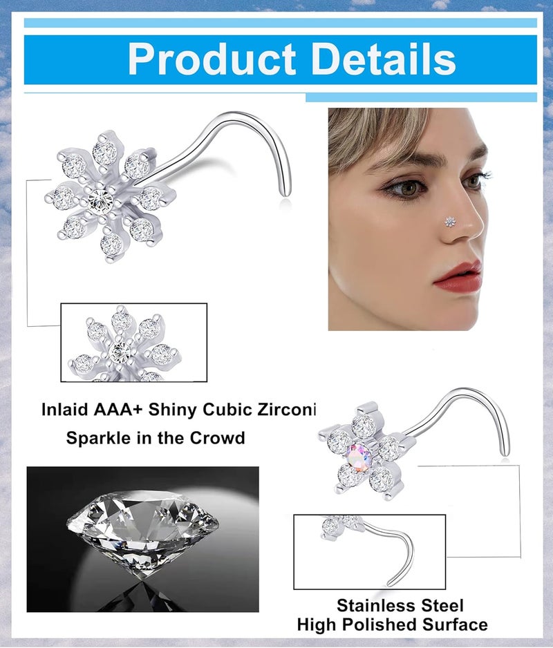 Tornito 9Pcs Nose Rings Stud L Bone Screw Shaped Nose Ring Flower CZ Snowflake Butterfly Screw Nose Stud Body Piercing Jewelry for Women Men 20G Silver Gold Rose Gold Tone - Image 4